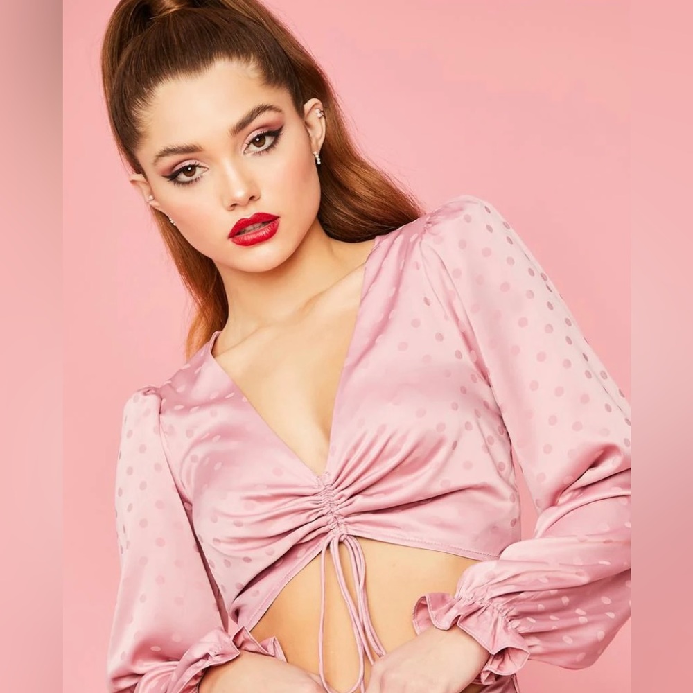 Ruched front polka dot satin crop top
